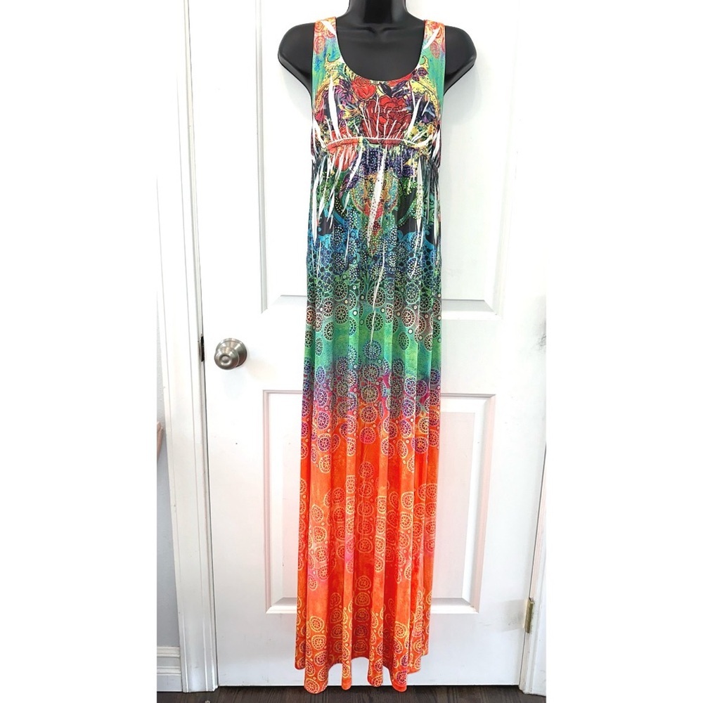 S-12, S-Twelve Multi Colored Maxi dress with lots of embellished rhinestones